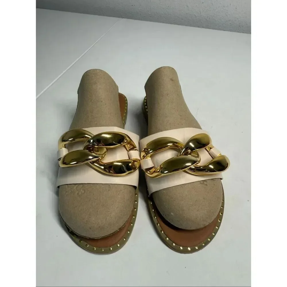 Women's Faux Leather Flat Slippers Metallic Plastic Chains Sandals Sz 38EU/8US